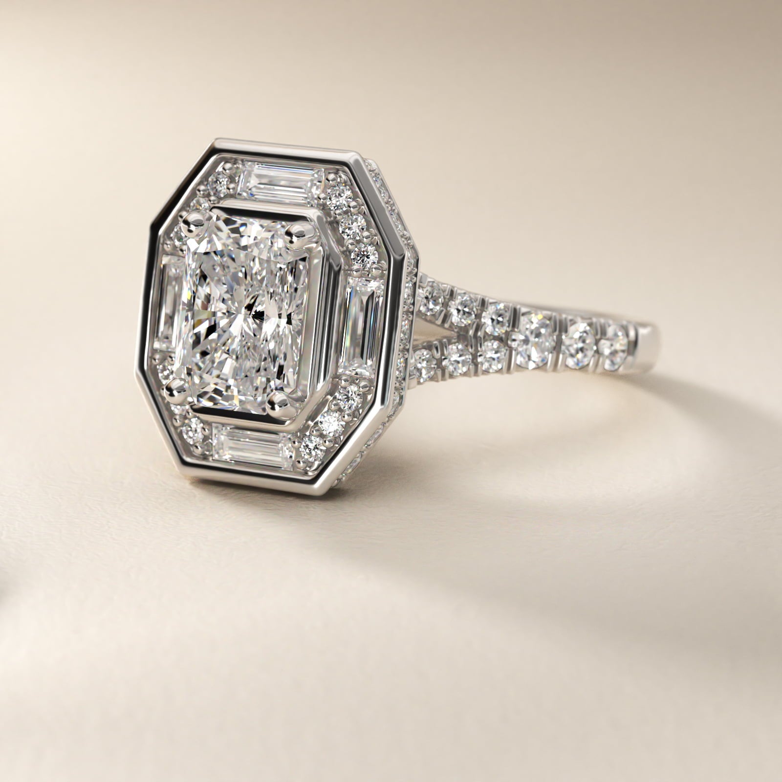 Art Deco Hexagon Halo Diamond Engagement Ring in Platinum (3/4 ct. tw.) By Zac Zac Posen - Radiant Center