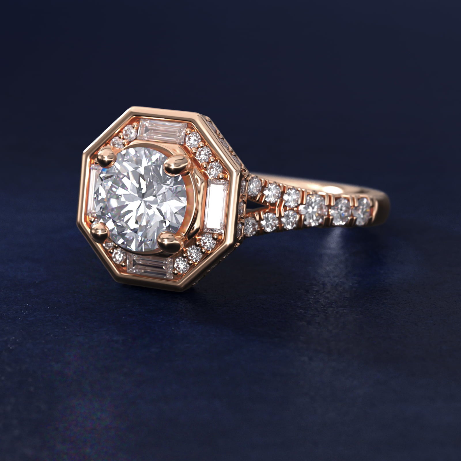 Art Deco Hexagon Halo Diamond Engagement Ring in 14k Rose Gold (3/4 ct. tw.) By Zac Zac Posen - Round Center