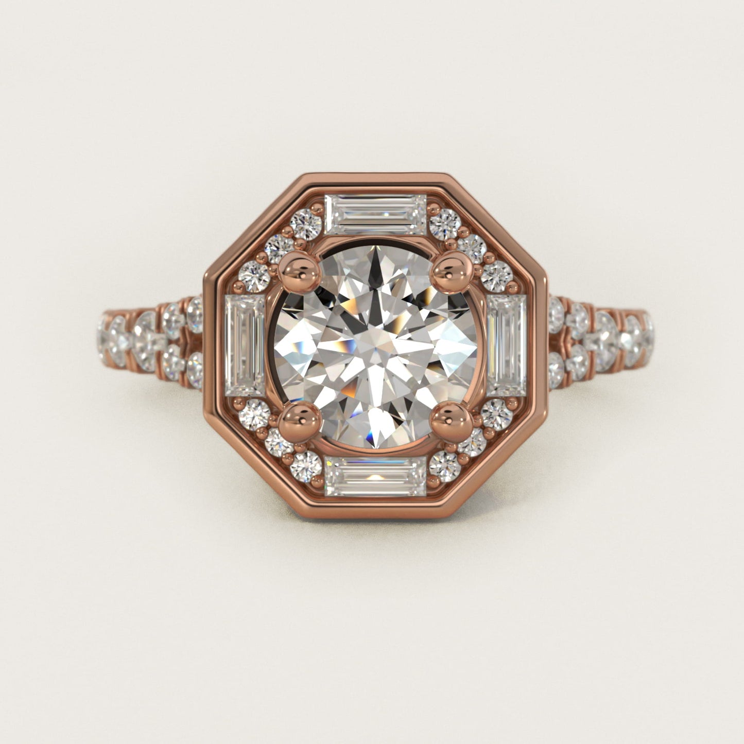 Art Deco Hexagon Halo Diamond Engagement Ring in 18k Rose Gold (3/4 ct. tw.) By Zac Zac Posen - Round Center