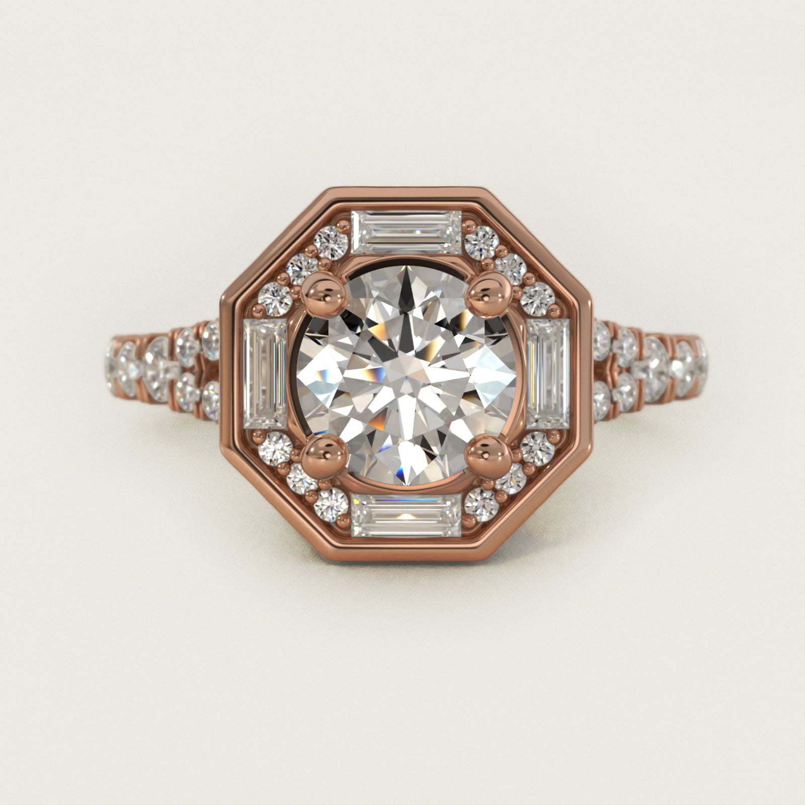 Art Deco Hexagon Halo Diamond Engagement Ring in 18k Rose Gold (3/4 ct. tw.) By Zac Zac Posen - Round Center