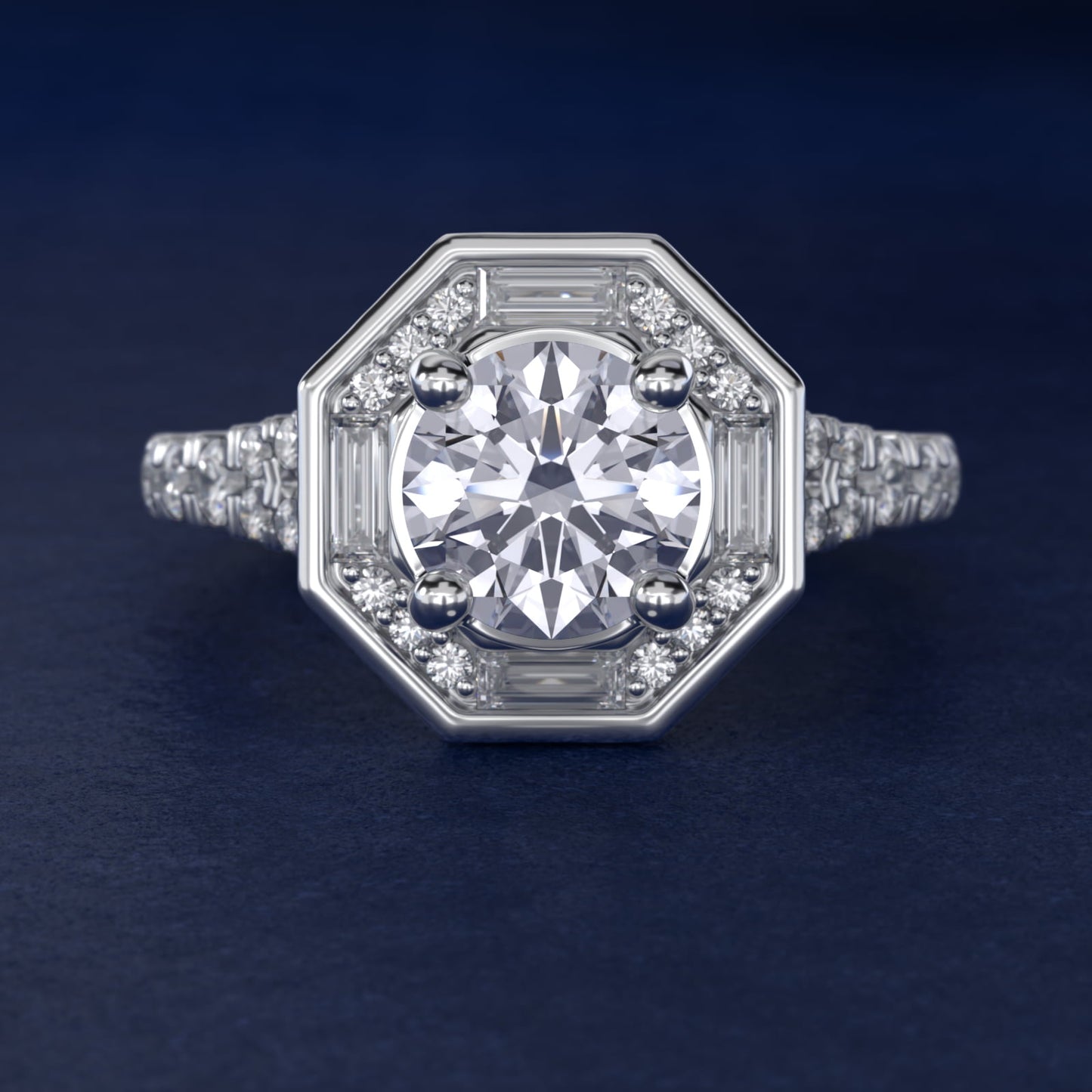 Art Deco Hexagon Halo Diamond Engagement Ring in 14k White Gold (3/4 ct. tw.) By Zac Zac Posen - Round Center