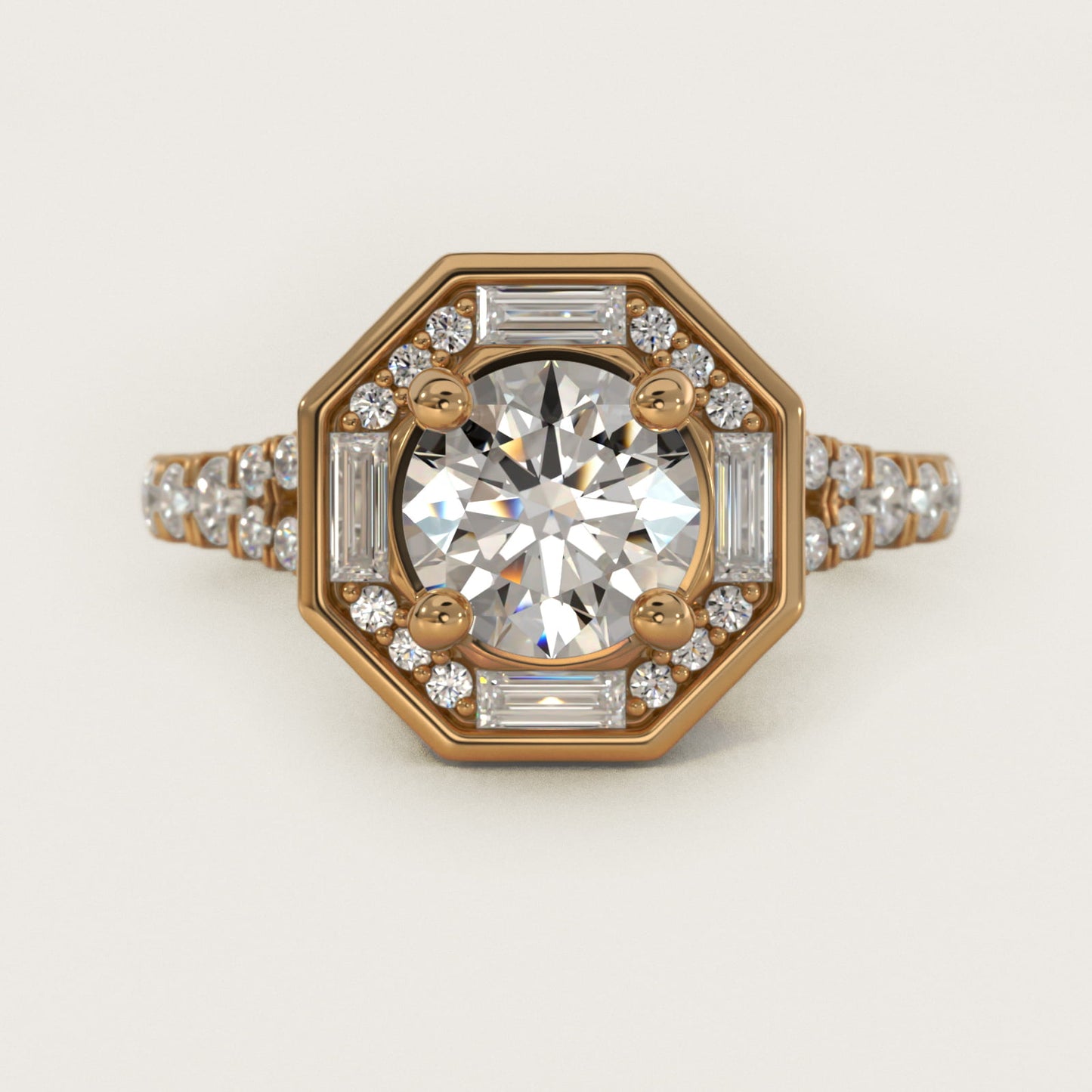 Art Deco Hexagon Halo Diamond Engagement Ring in 18k Yellow Gold (3/4 ct. tw.) By Zac Zac Posen - Round Center