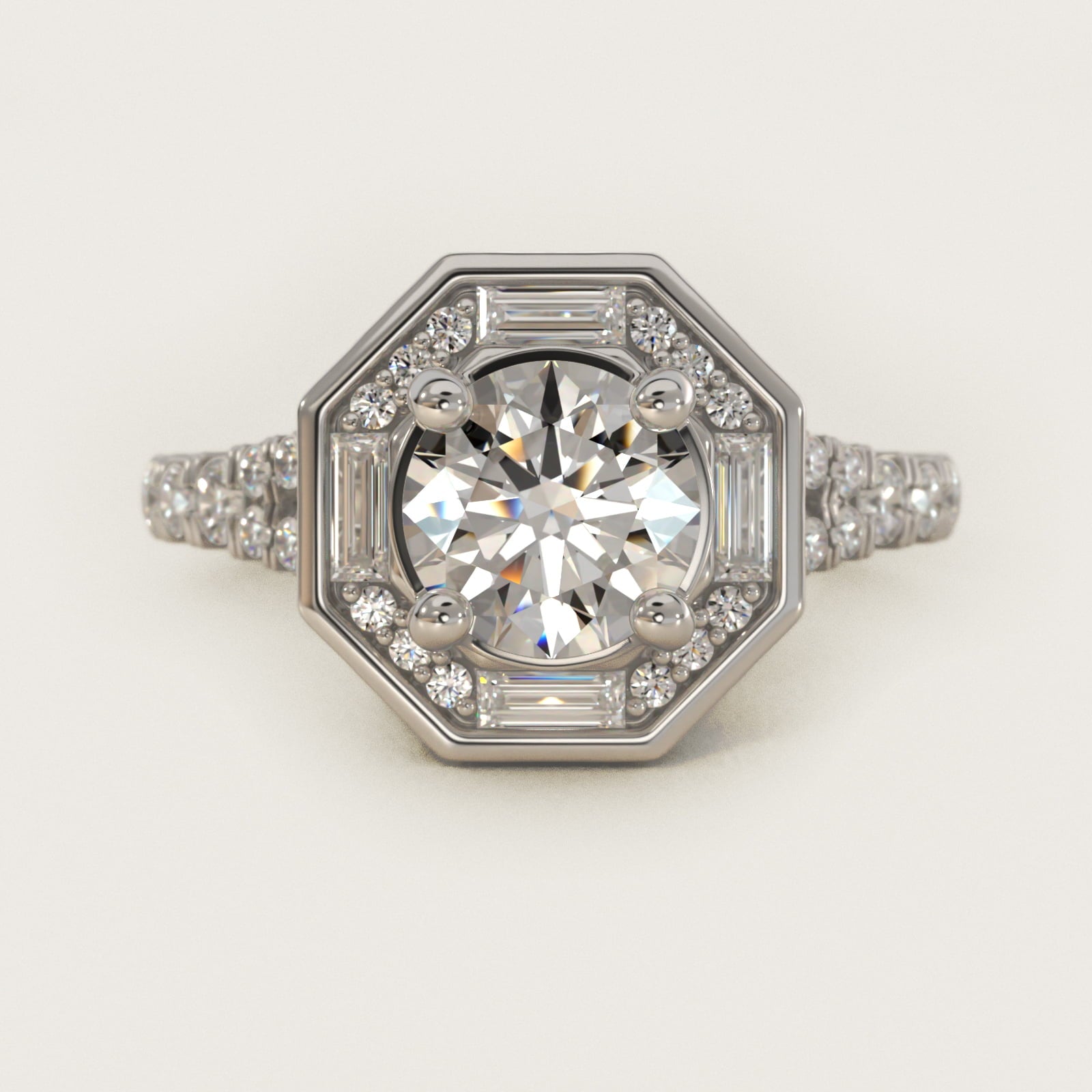 Art Deco Hexagon Halo Diamond Engagement Ring in Platinum (3/4 ct. tw.) By Zac Zac Posen - Round Center