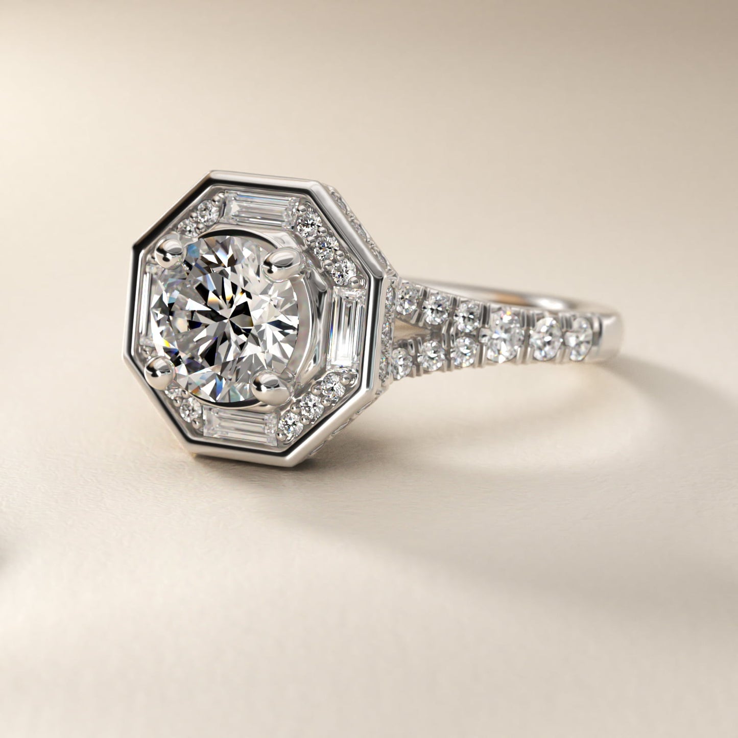 Art Deco Hexagon Halo Diamond Engagement Ring in Platinum (3/4 ct. tw.) By Zac Zac Posen - Round Center