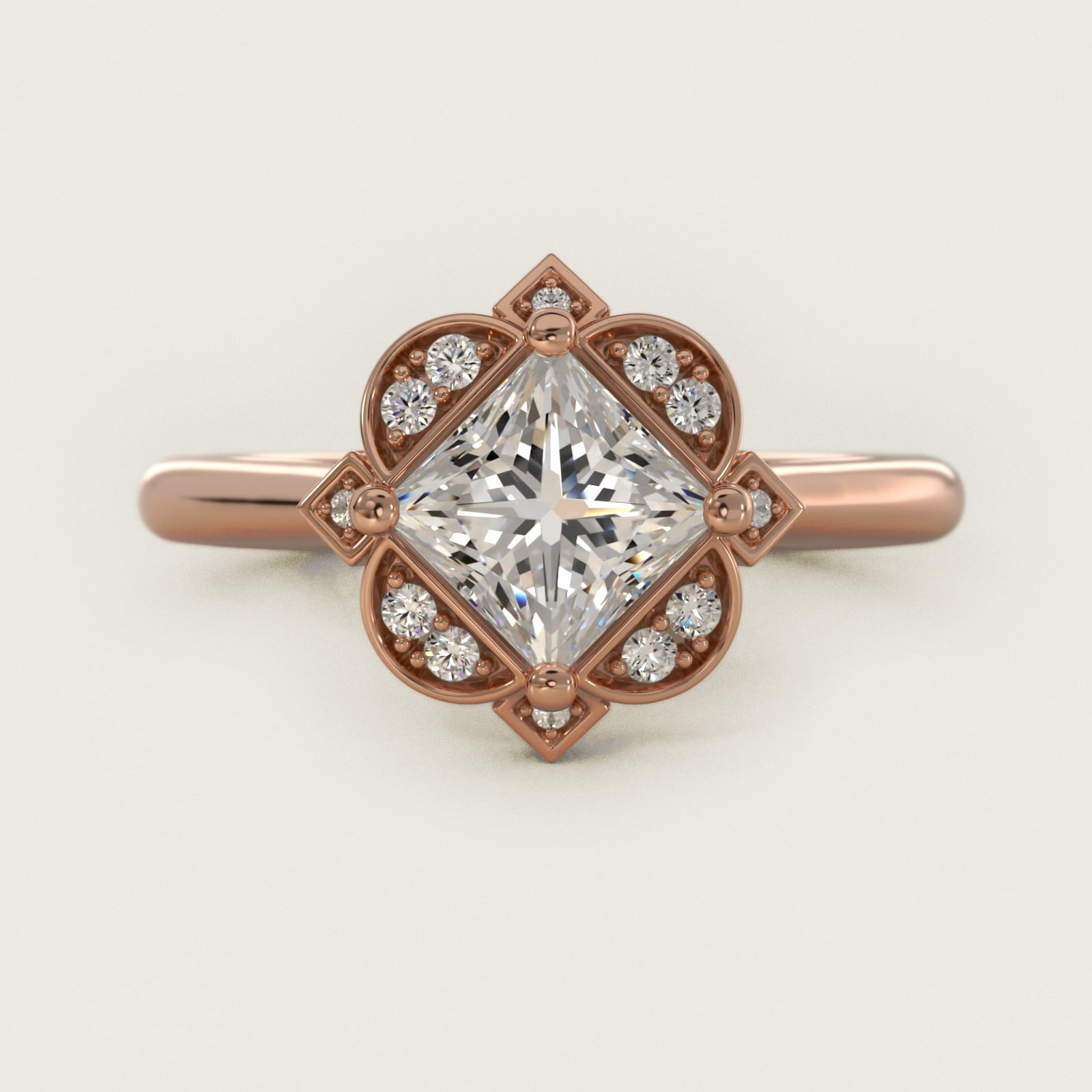 Art Deco Inspired Floral Halo Vintage-Style Engagement Ring In 14K Rose Gold By James Allen - Princess Center