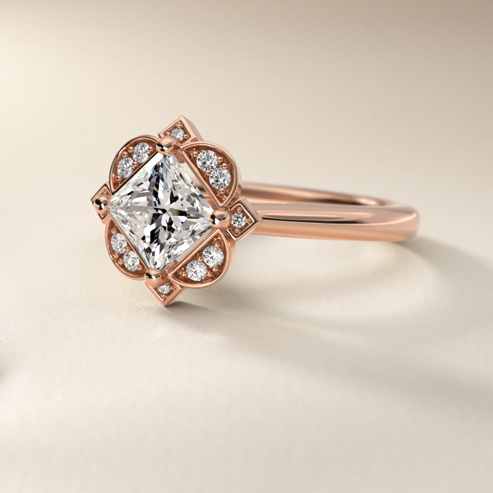 Art Deco Inspired Floral Halo Vintage-Style Engagement Ring In 14K Rose Gold By James Allen - Princess Center