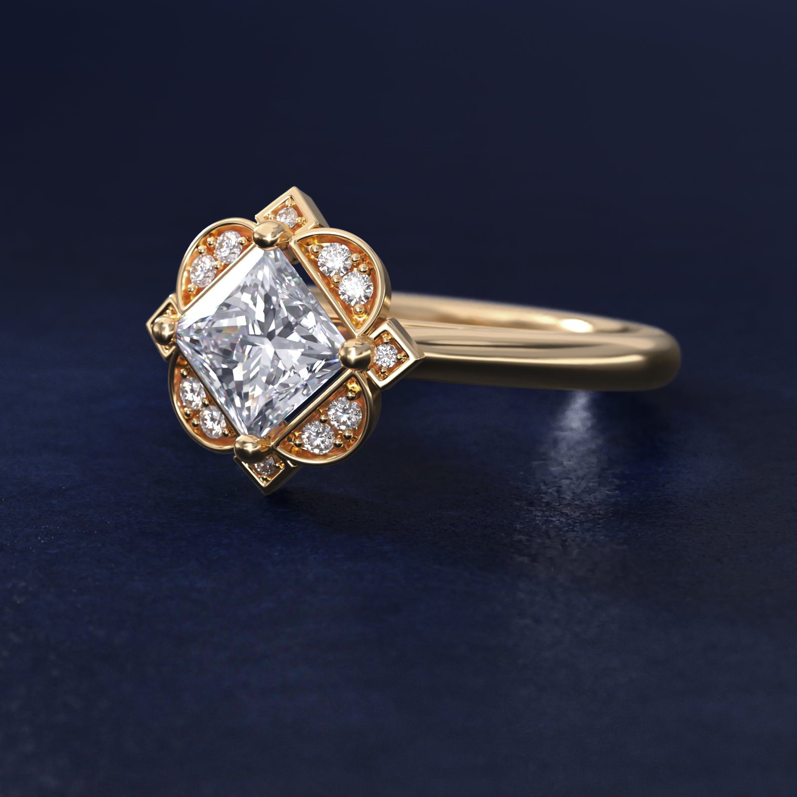 Art Deco Inspired Floral Halo Vintage-Style Engagement Ring In 14K Yellow Gold By James Allen - Princess Center