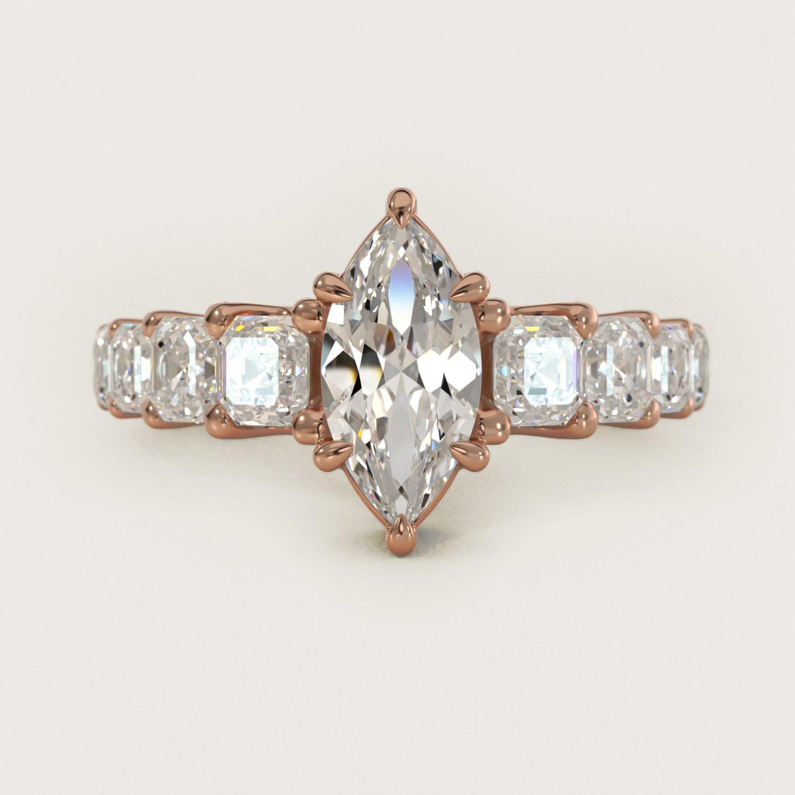 Asscher-Cut Diamond Engagement Ring in 18k Rose Gold - Marquise Center