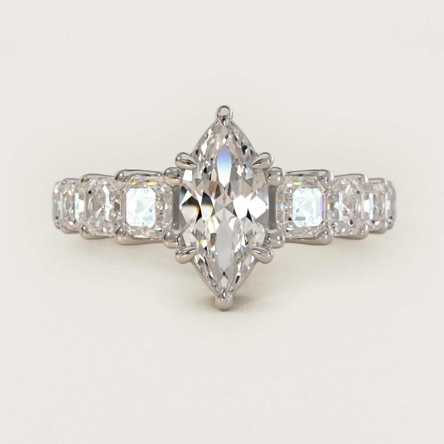 Asscher-Cut Diamond Engagement Ring in 18k White Gold - Marquise Center