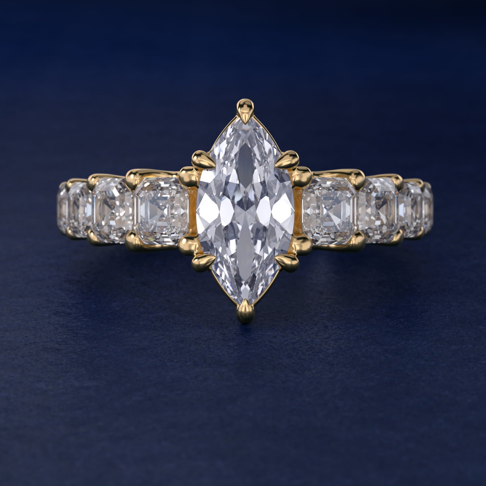Asscher-Cut Diamond Engagement Ring in 18k Yellow Gold - Marquise Center