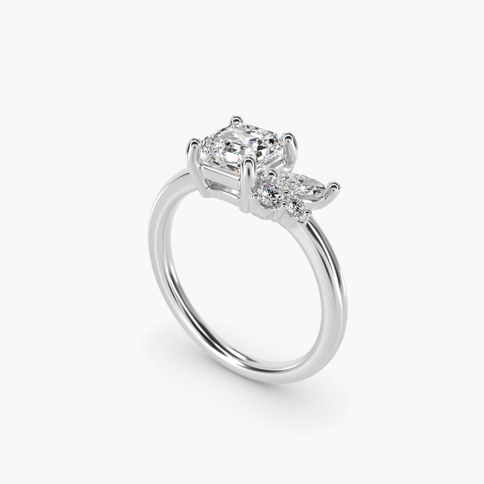 Asymmetrical Marquise and Round Cluster Diamond Engagement Ring in 18k White Gold - Asscher Center