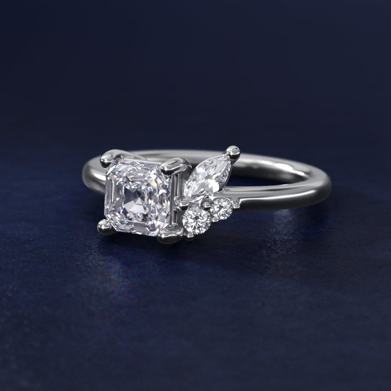 Asymmetrical Marquise and Round Cluster Diamond Engagement Ring in 14k White Gold - Asscher Center