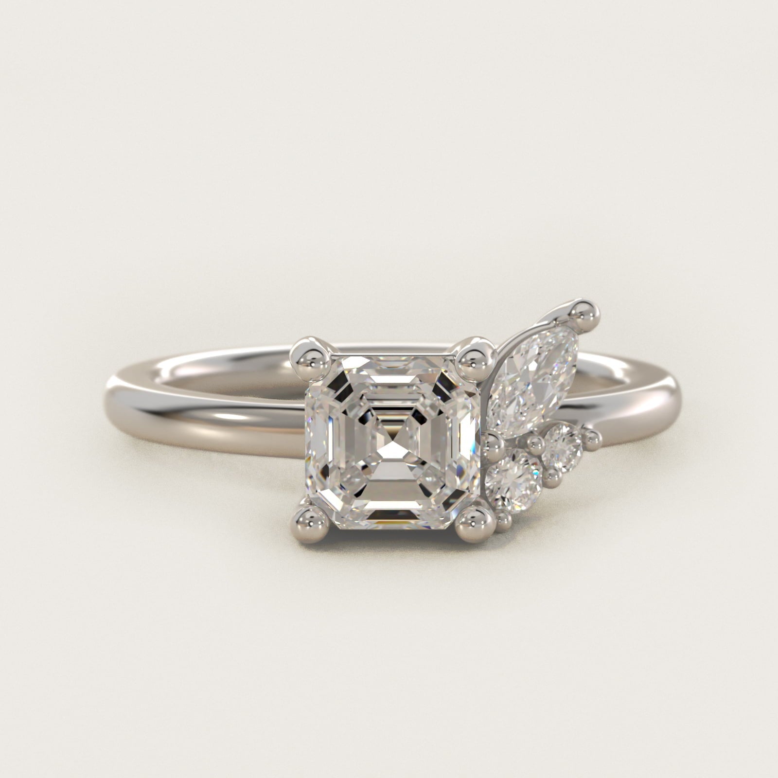 Asymmetrical Marquise and Round Cluster Diamond Engagement Ring in 18k White Gold - Asscher Center