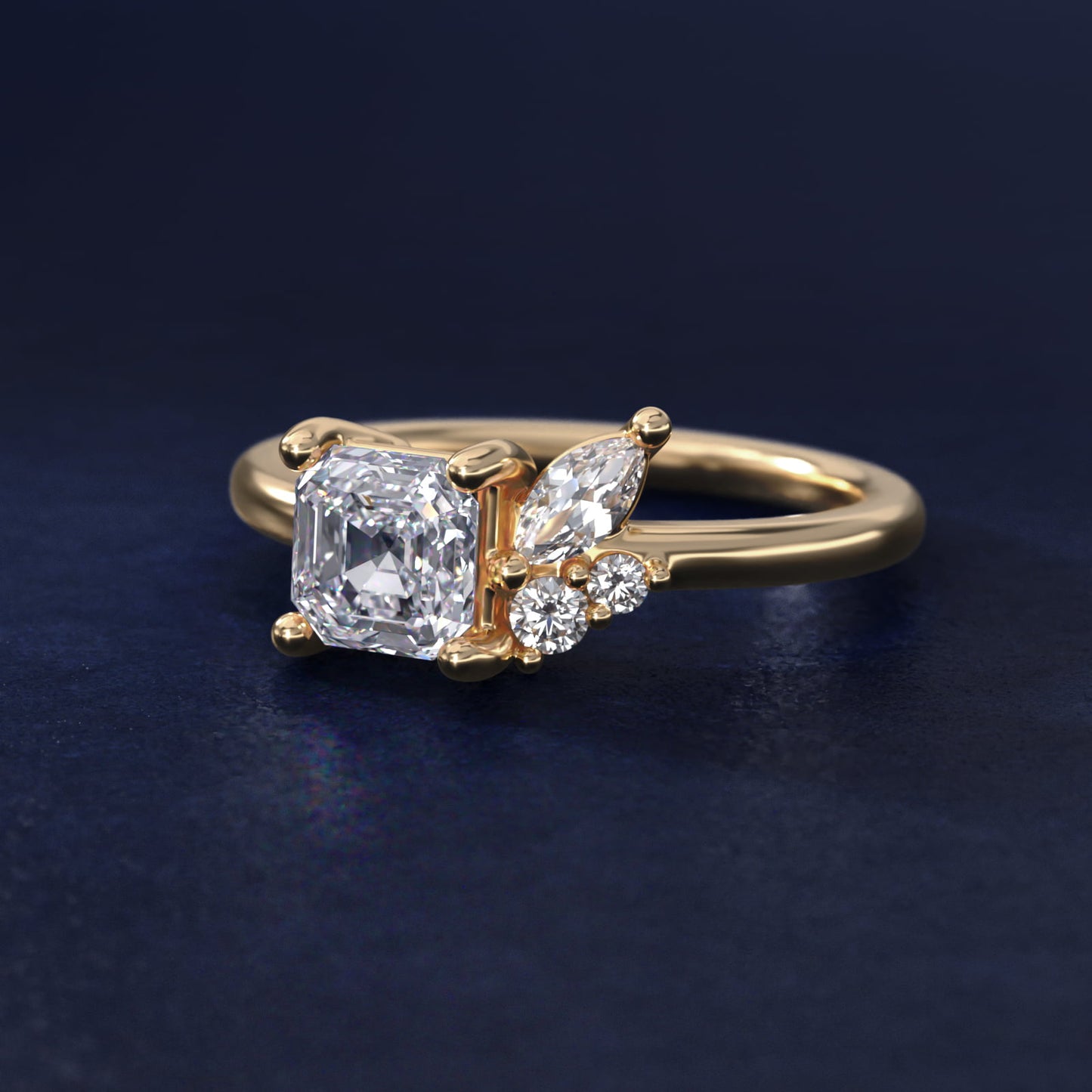 Asymmetrical Marquise and Round Cluster Diamond Engagement Ring in 14k Yellow Gold - Asscher Center