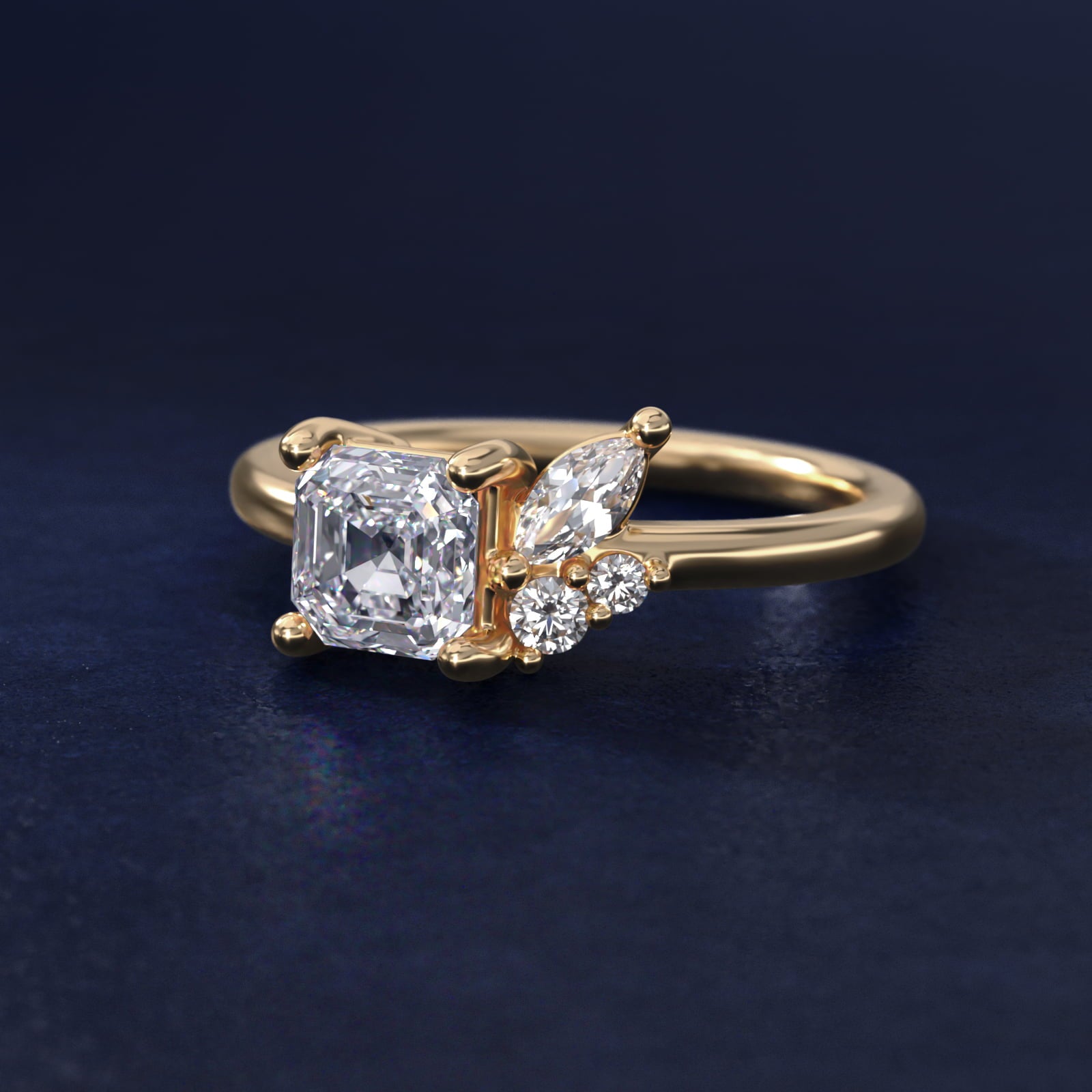 Asymmetrical Marquise and Round Cluster Diamond Engagement Ring in 14k Yellow Gold - Asscher Center