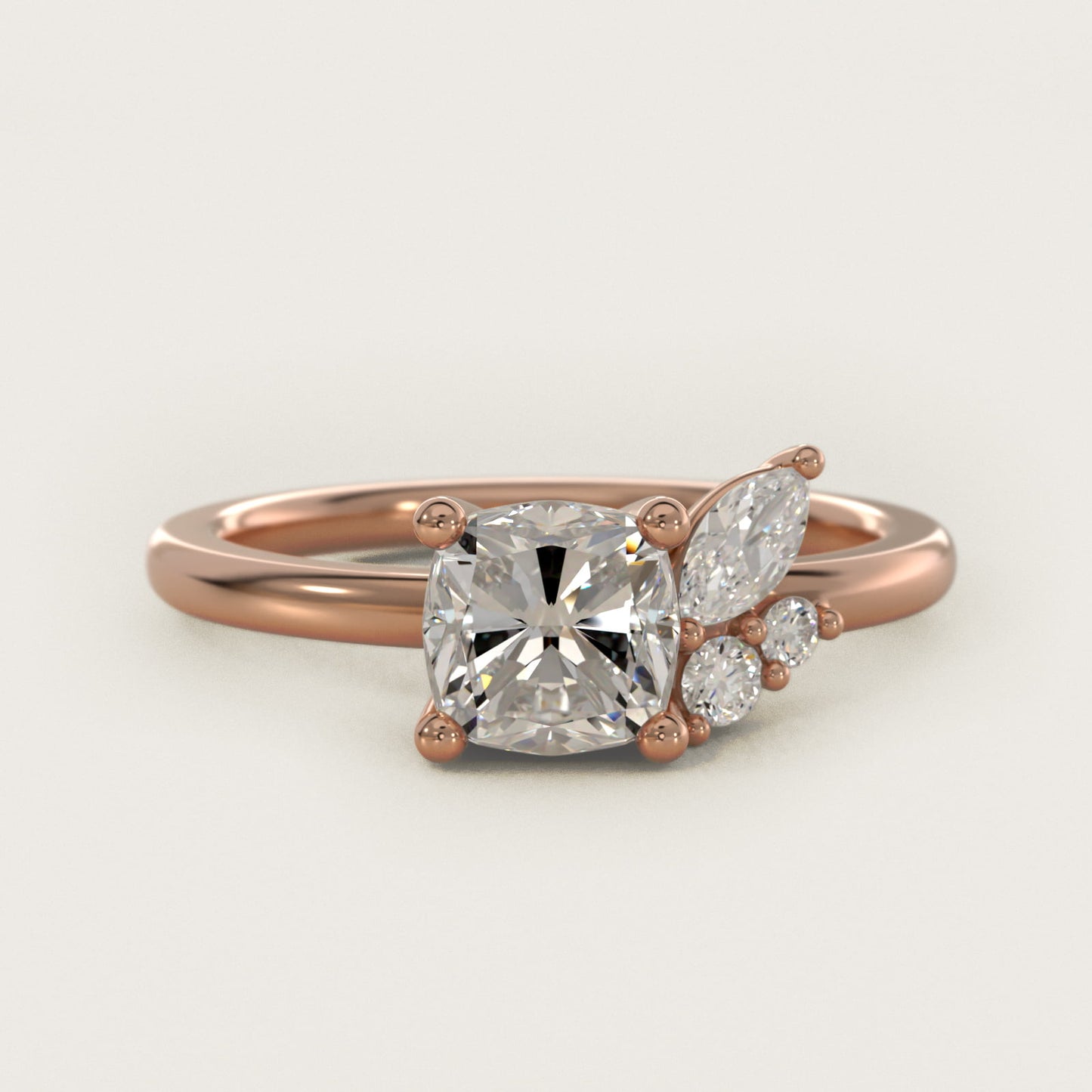 Asymmetrical Marquise and Round Cluster Diamond Engagement Ring in 14k Rose Gold - Cushion Center