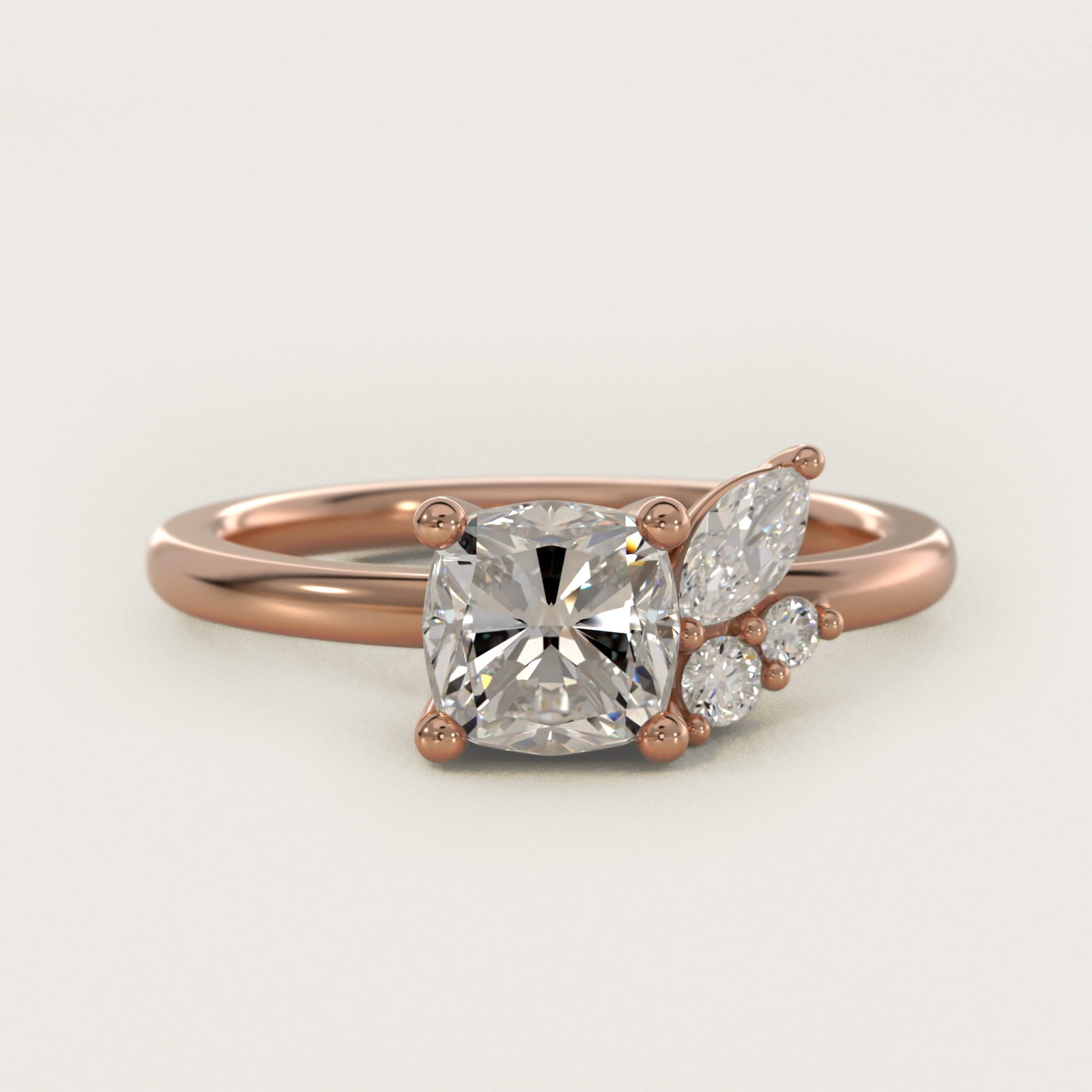 Asymmetrical Marquise and Round Cluster Diamond Engagement Ring in 14k Rose Gold - Cushion Center