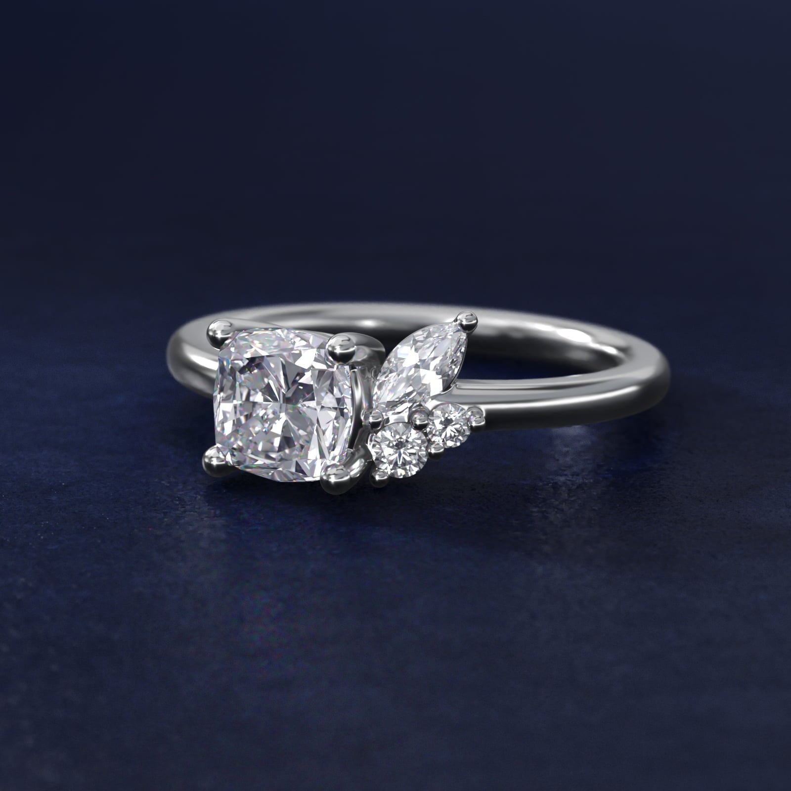 Asymmetrical Marquise and Round Cluster Diamond Engagement Ring in 18k White Gold - Cushion Center