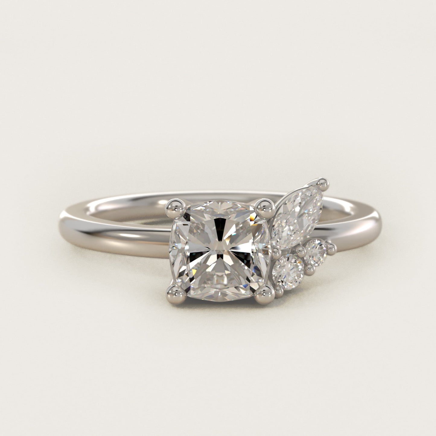 Asymmetrical Marquise and Round Cluster Diamond Engagement Ring in 14k White Gold - Cushion Center