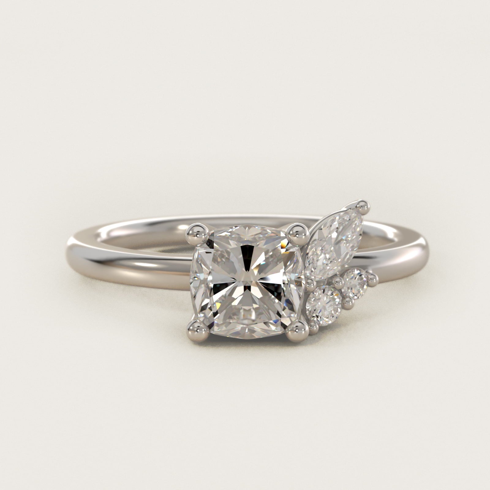 Asymmetrical Marquise and Round Cluster Diamond Engagement Ring in 14k White Gold - Cushion Center