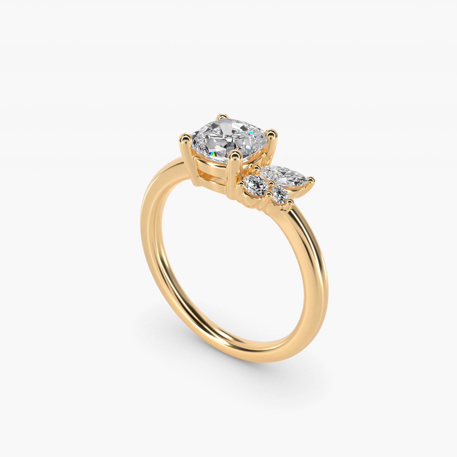Asymmetrical Marquise and Round Cluster Diamond Engagement Ring in 18k Yellow Gold - Cushion Center
