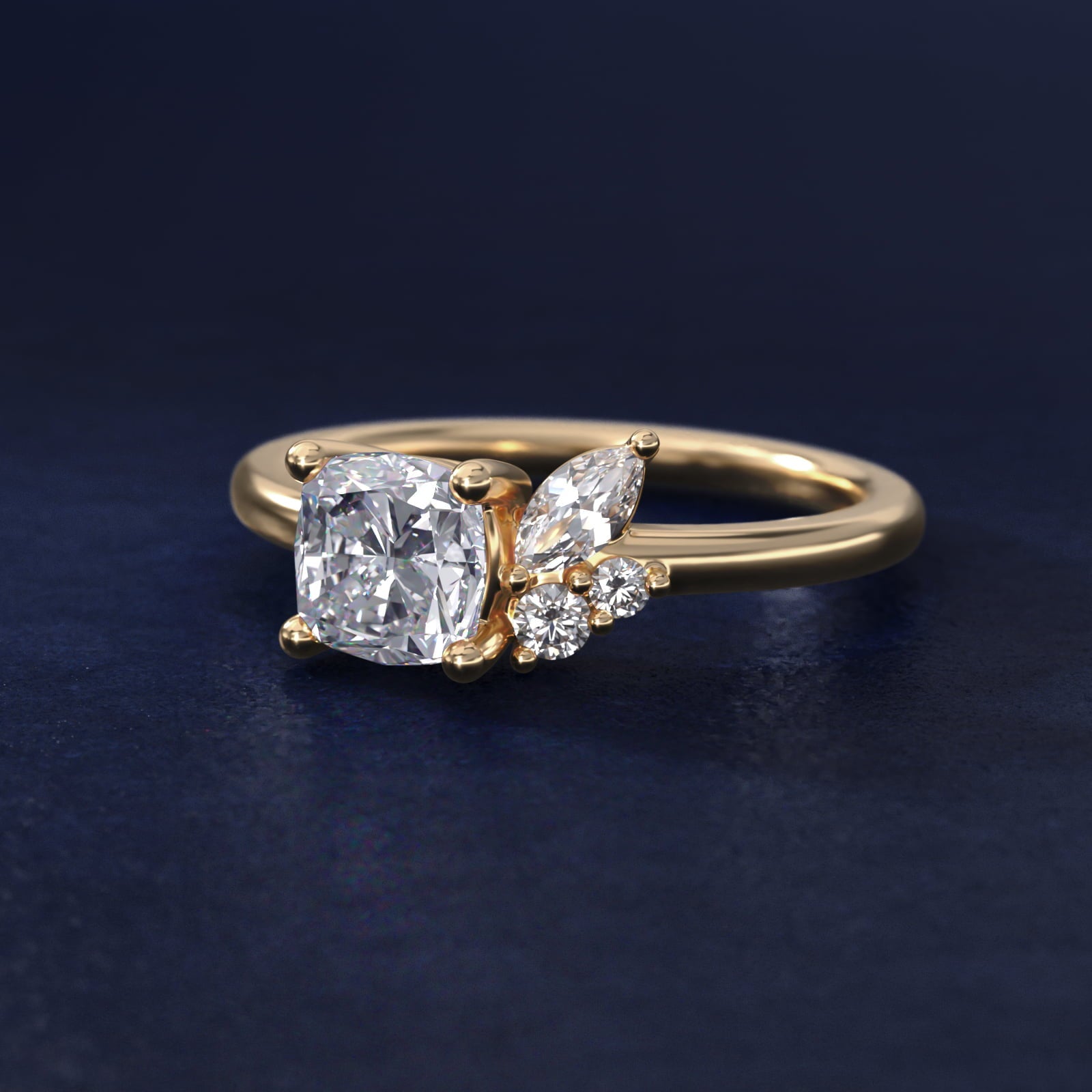 Asymmetrical Marquise and Round Cluster Diamond Engagement Ring in 18k Yellow Gold - Cushion Center