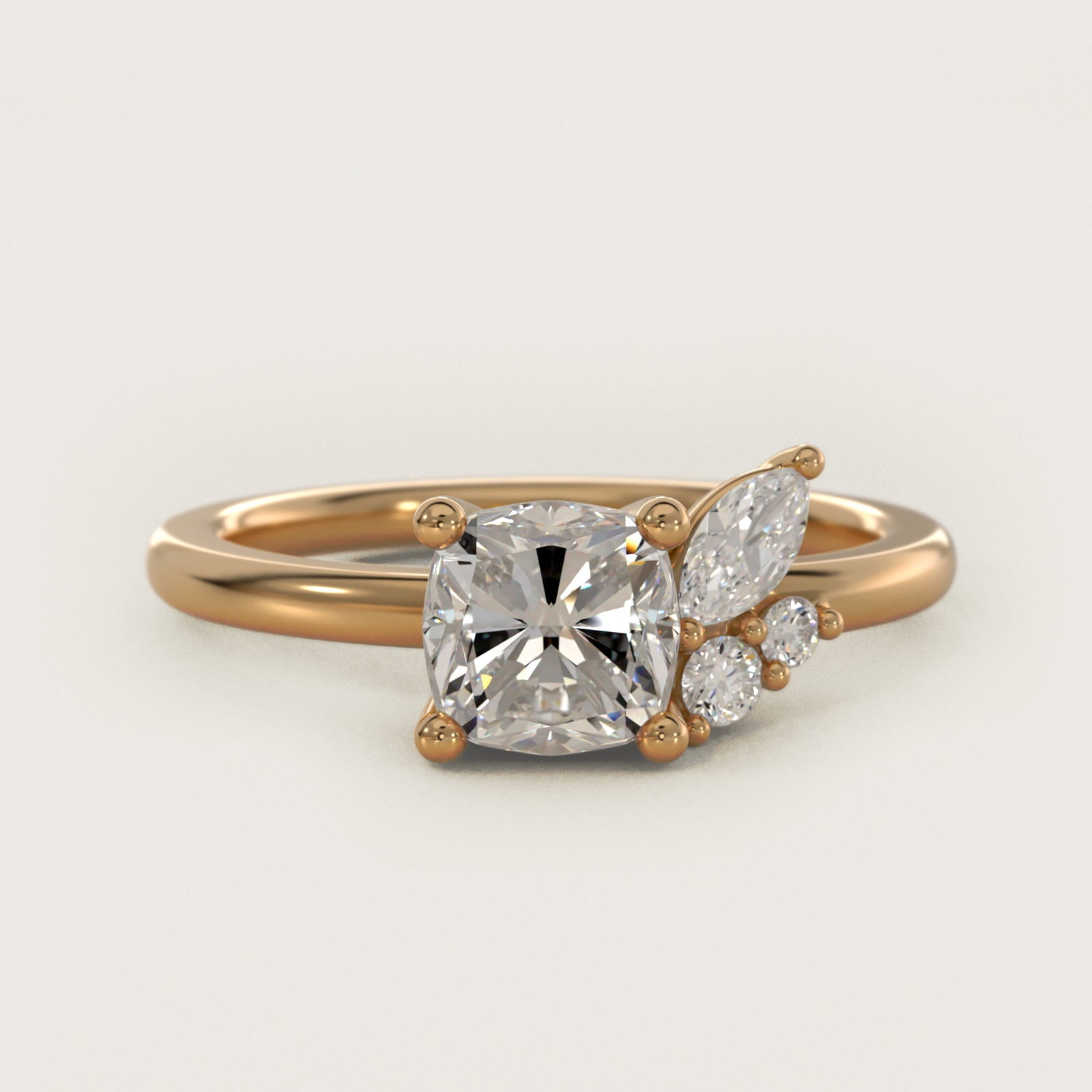 Asymmetrical Marquise and Round Cluster Diamond Engagement Ring in 14k Yellow Gold - Cushion Center