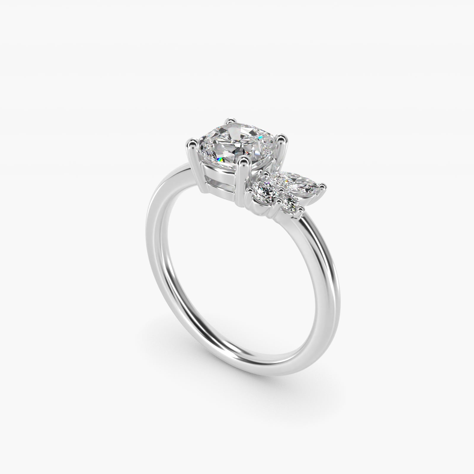 Asymmetrical Marquise and Round Cluster Diamond Engagement Ring in Platinum - Cushion Center