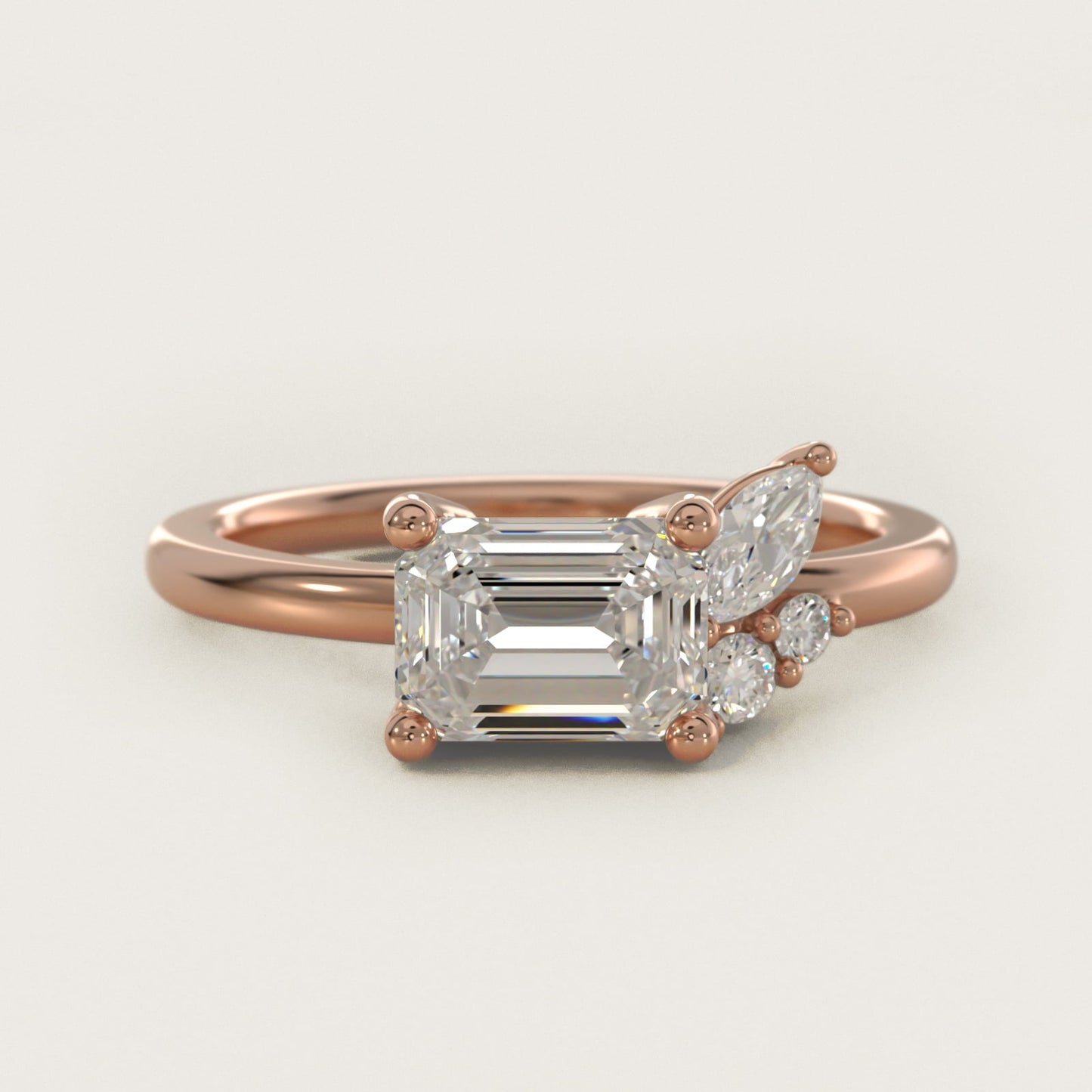 Asymmetrical Marquise and Round Cluster Diamond Engagement Ring in 18k Rose Gold - Emerald Center