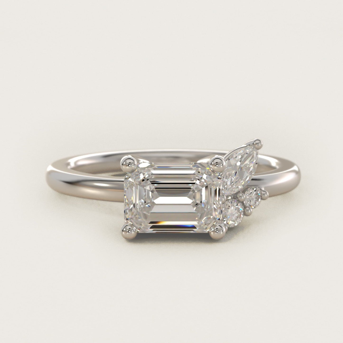 Asymmetrical Marquise and Round Cluster Diamond Engagement Ring in 18k White Gold - Emerald Center