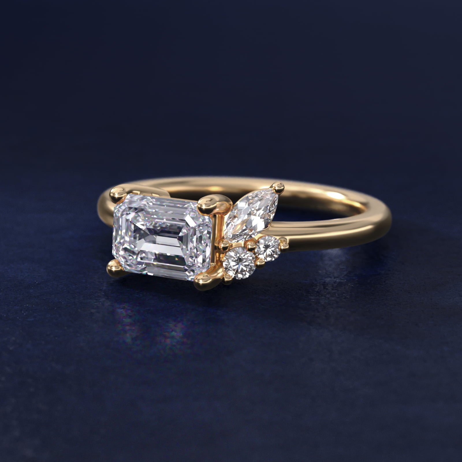 Asymmetrical Marquise and Round Cluster Diamond Engagement Ring in 14k Yellow Gold - Emerald Center