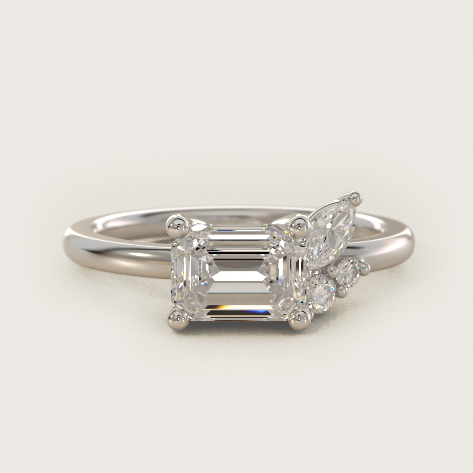 Asymmetrical Marquise and Round Cluster Diamond Engagement Ring in Platinum - Emerald Center