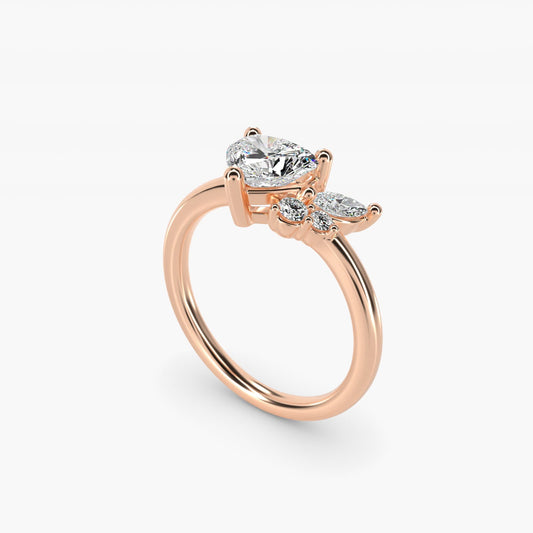 Asymmetrical Marquise and Round Cluster Diamond Engagement Ring in 18k Rose Gold - Heart Center
