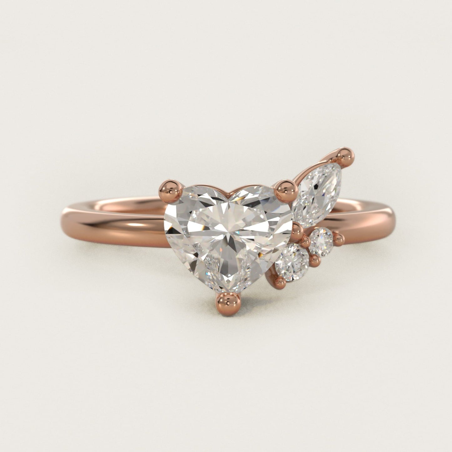 Asymmetrical Marquise and Round Cluster Diamond Engagement Ring in 18k Rose Gold - Heart Center