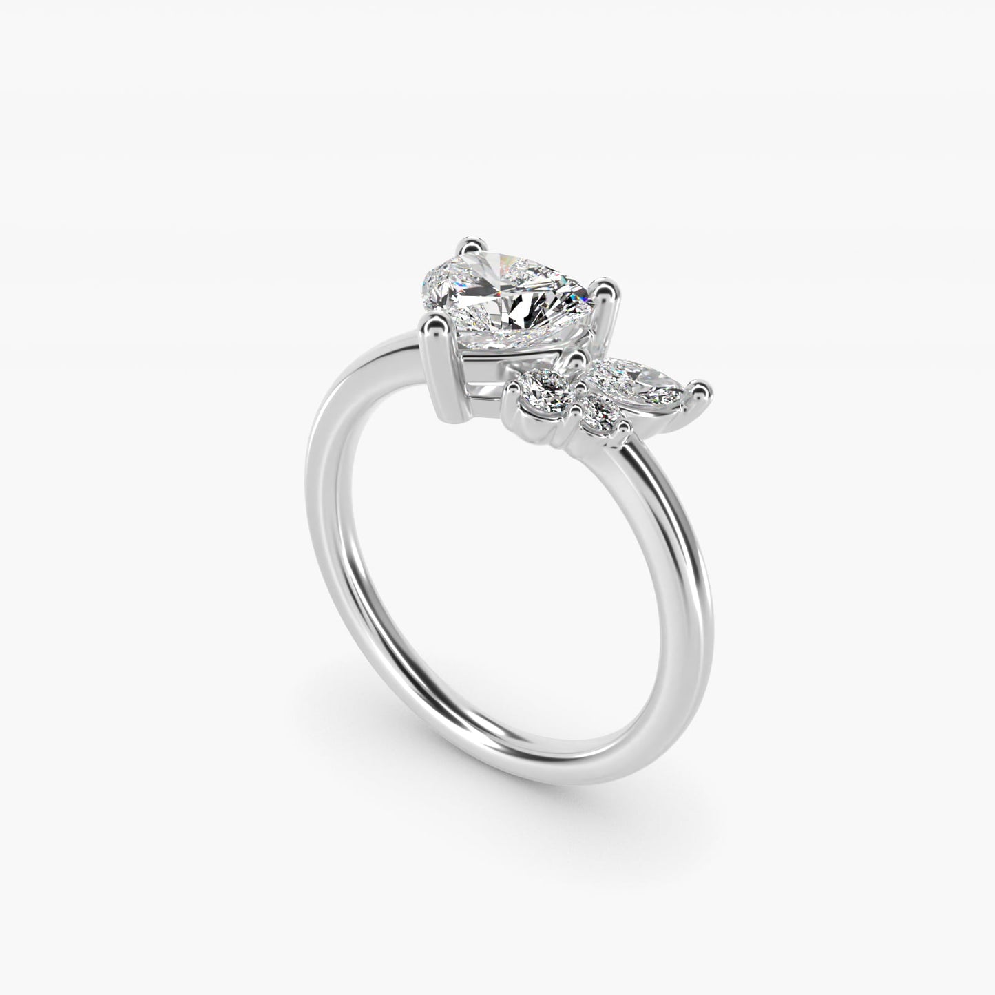 Asymmetrical Marquise and Round Cluster Diamond Engagement Ring in 14k White Gold - Heart Center