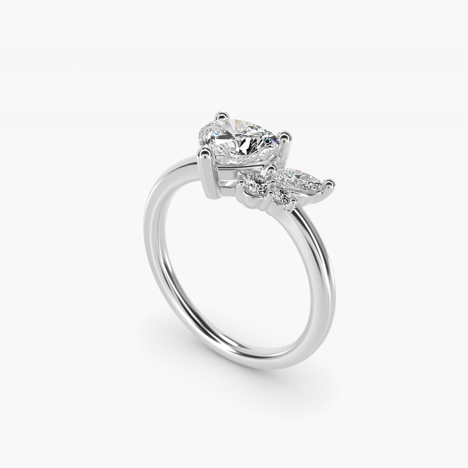 Asymmetrical Marquise and Round Cluster Diamond Engagement Ring in 14k White Gold - Heart Center