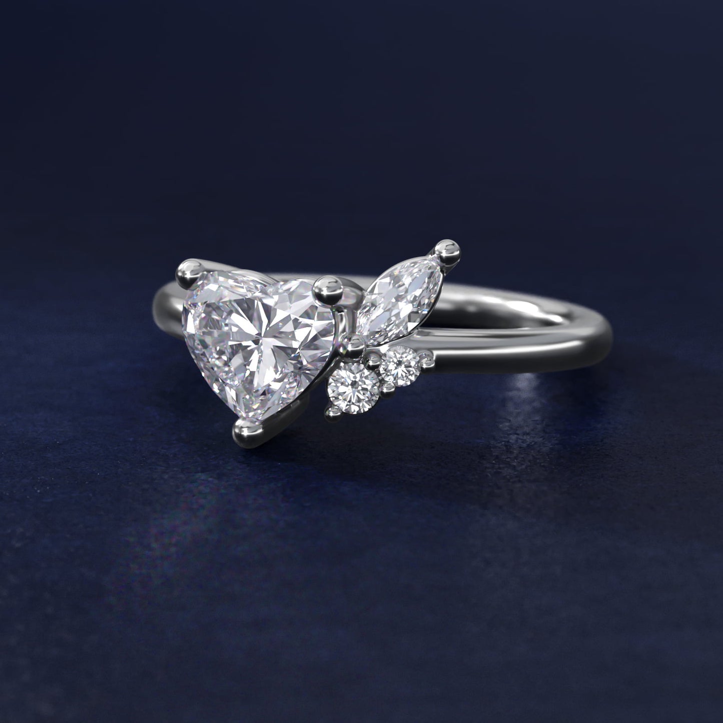 Asymmetrical Marquise and Round Cluster Diamond Engagement Ring in 14k White Gold - Heart Center