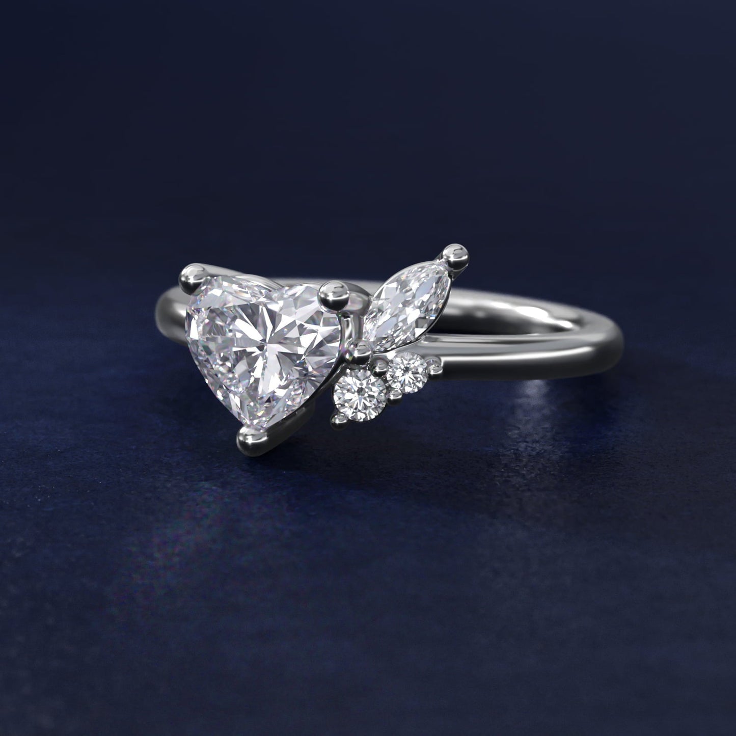 Asymmetrical Marquise and Round Cluster Diamond Engagement Ring in 18k White Gold - Heart Center