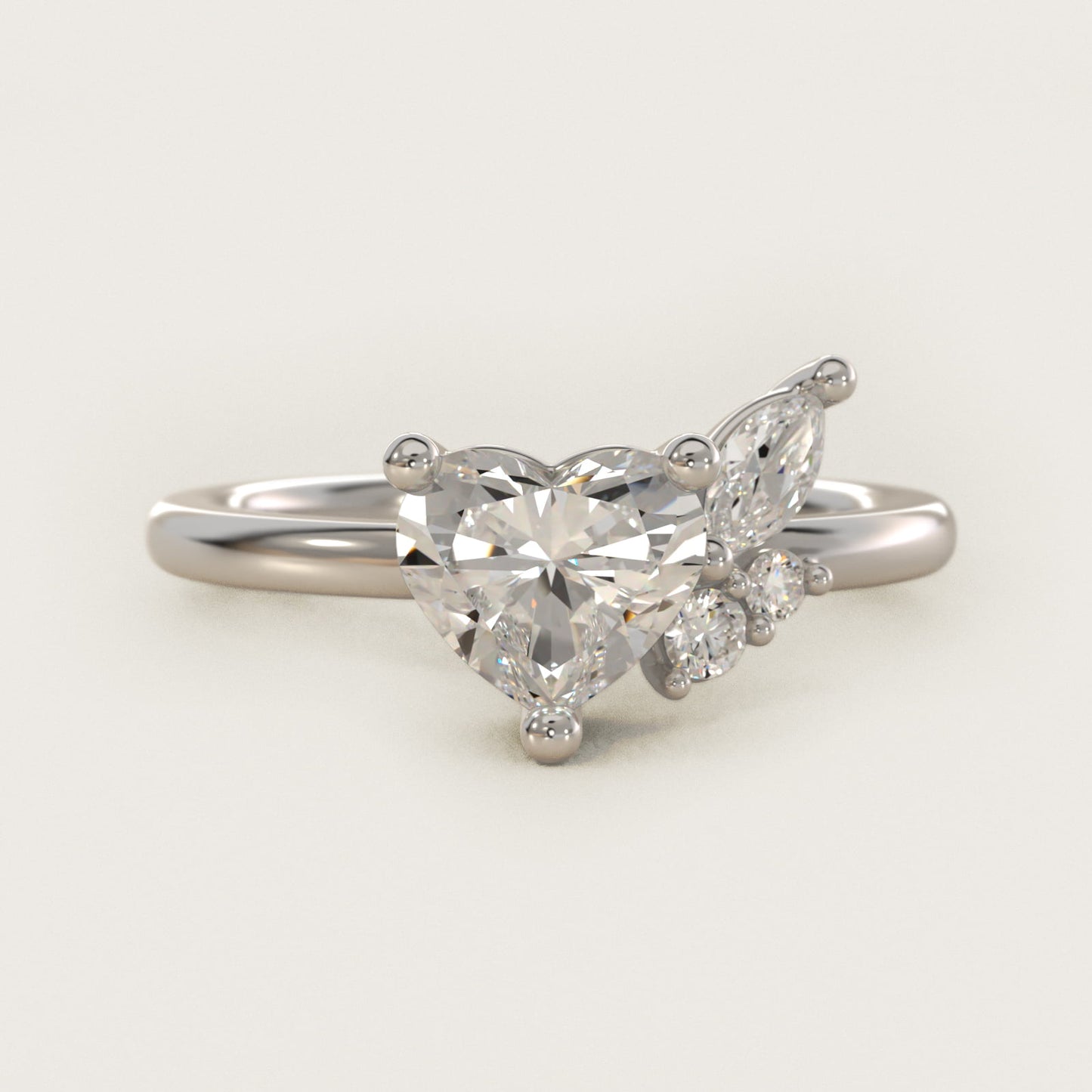 Asymmetrical Marquise and Round Cluster Diamond Engagement Ring in 14k White Gold - Heart Center