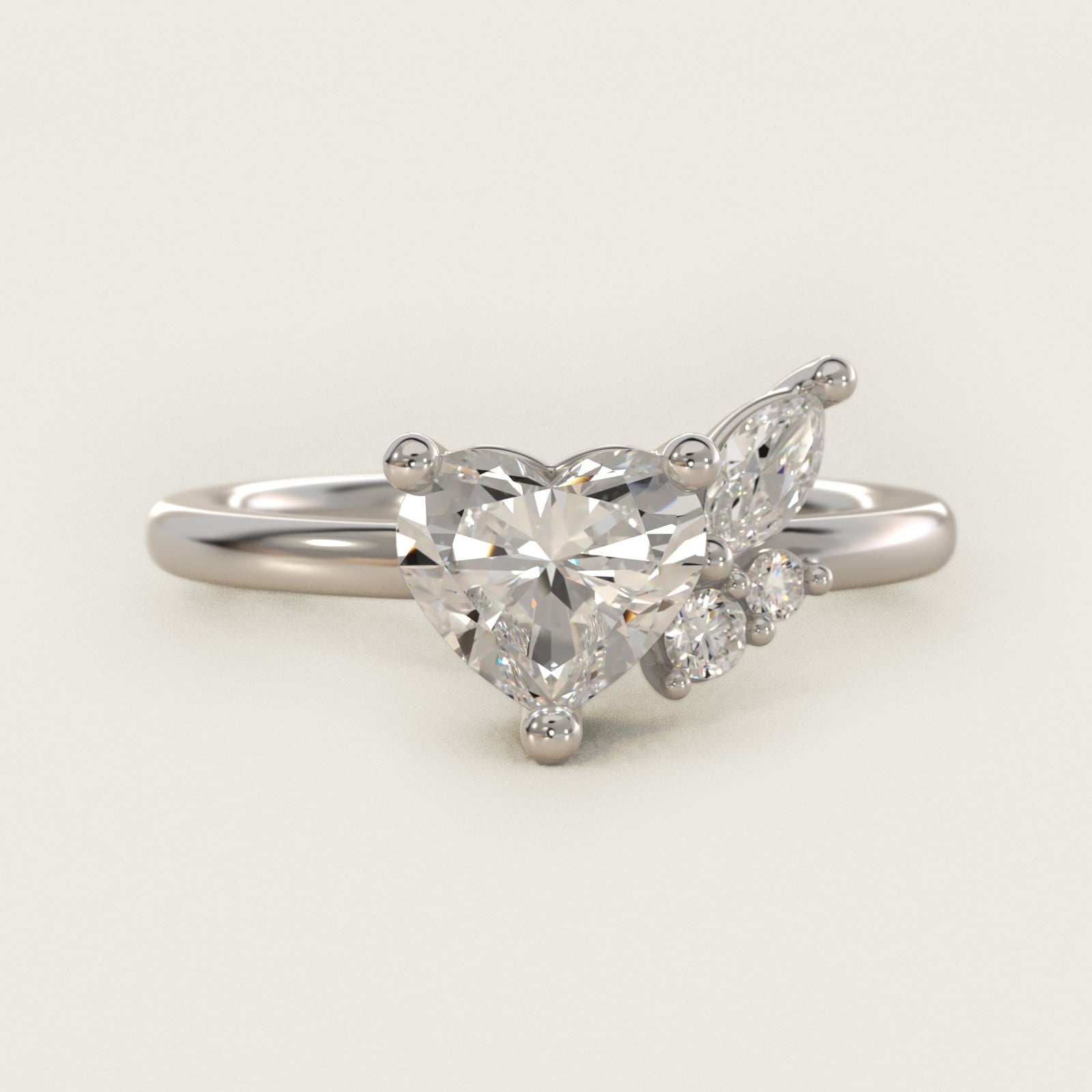 Asymmetrical Marquise and Round Cluster Diamond Engagement Ring in 14k White Gold - Heart Center