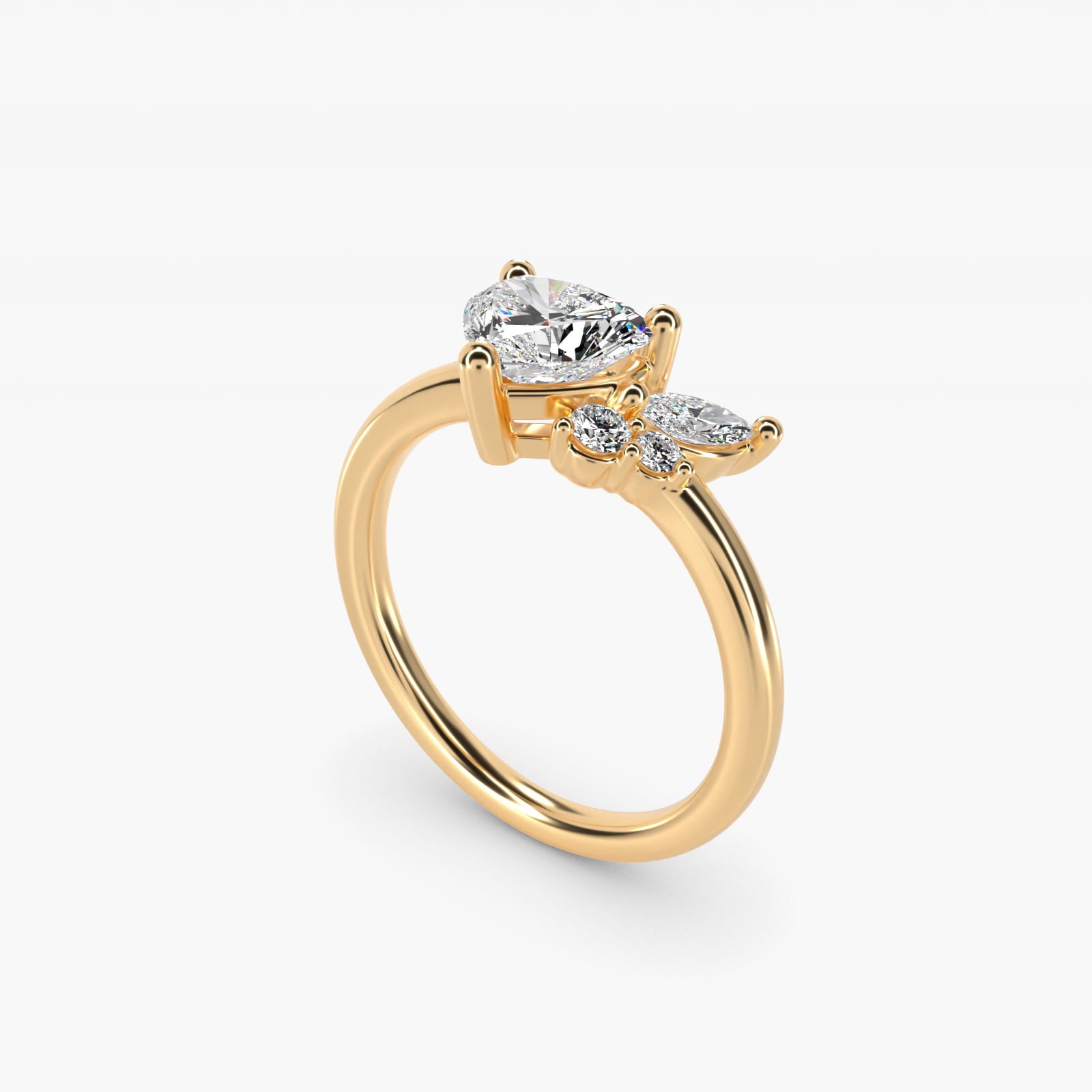 Asymmetrical Marquise and Round Cluster Diamond Engagement Ring in 14k Yellow Gold - Heart Center