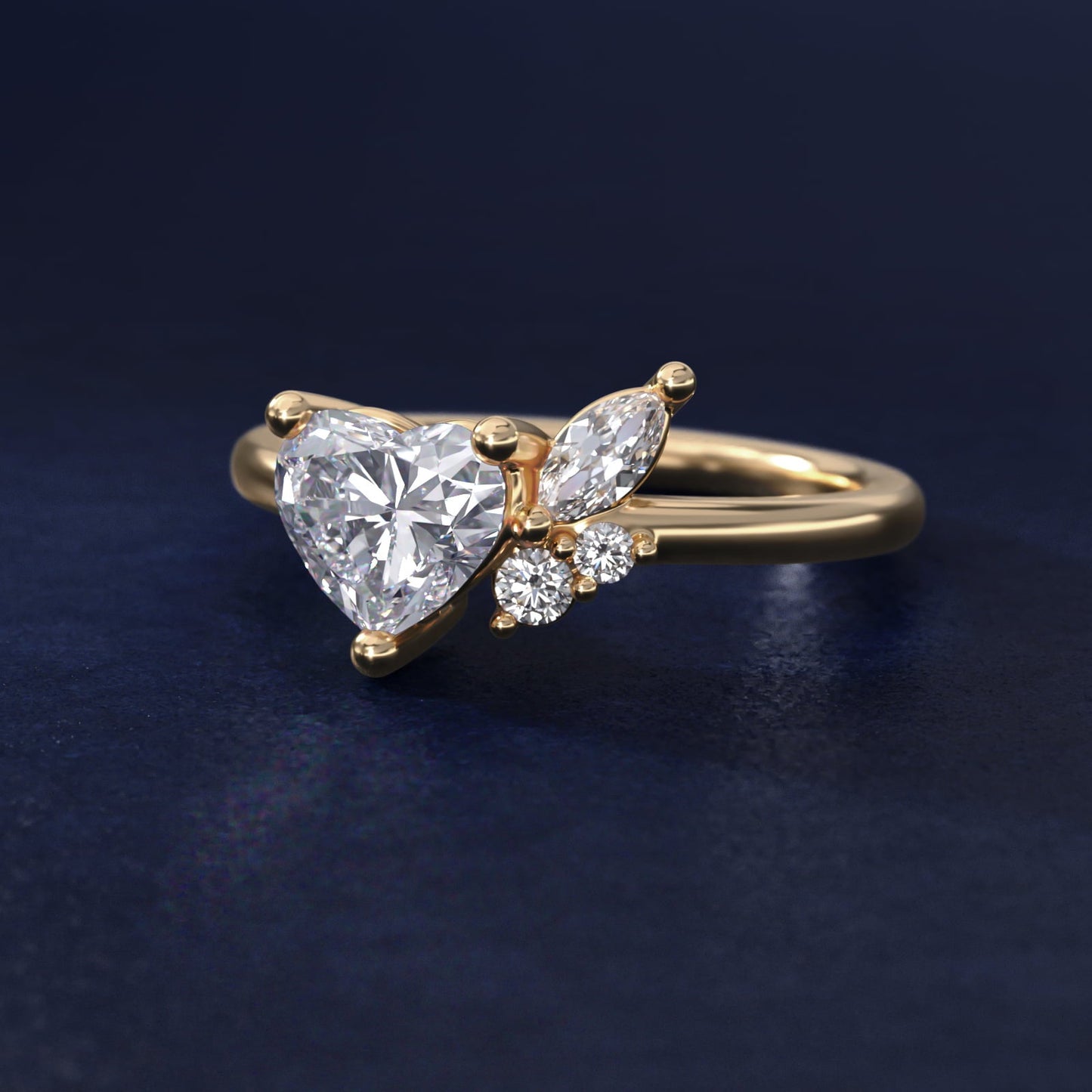 Asymmetrical Marquise and Round Cluster Diamond Engagement Ring in 18k Yellow Gold - Heart Center