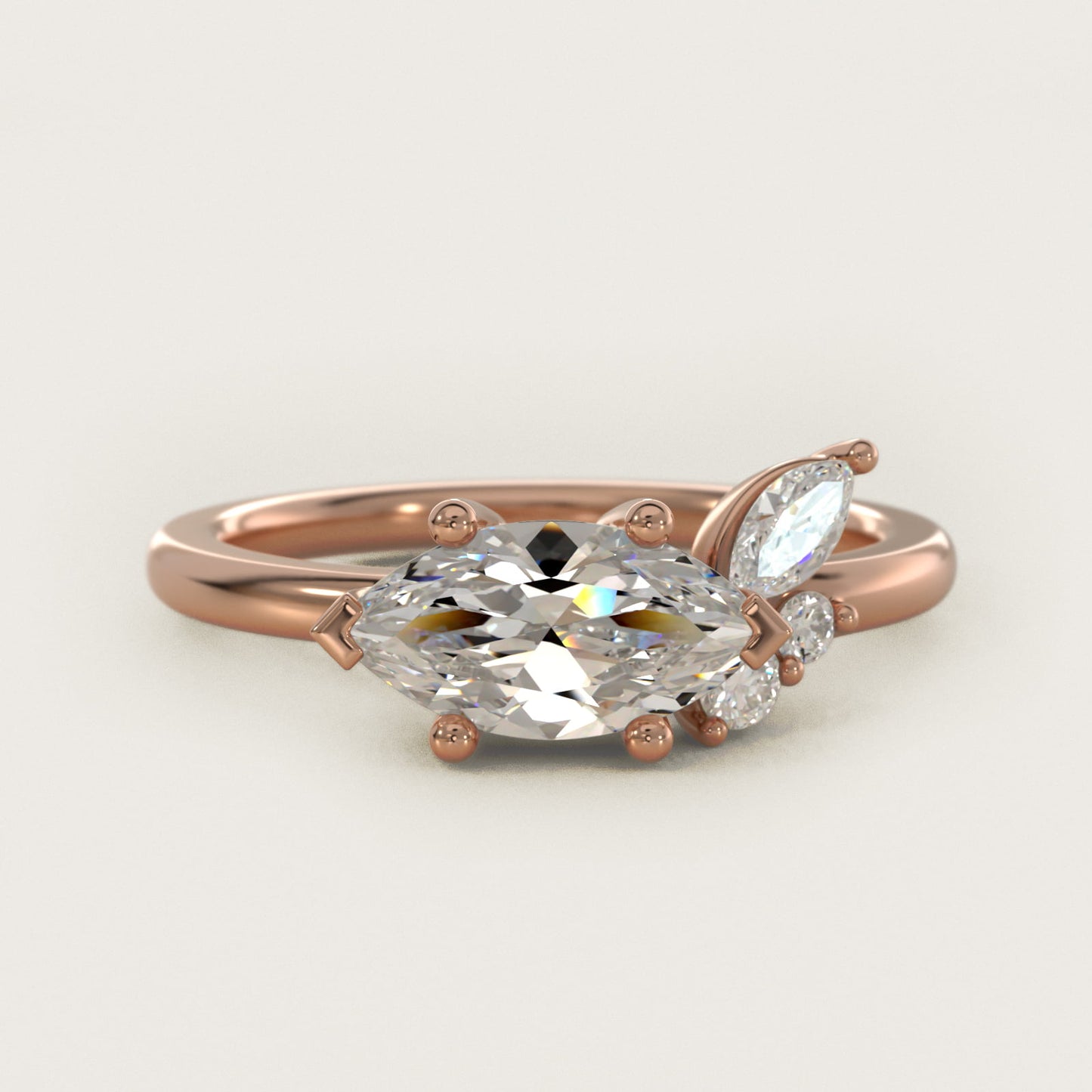 Asymmetrical Marquise and Round Cluster Diamond Engagement Ring in 14k Rose Gold - Marquise Center