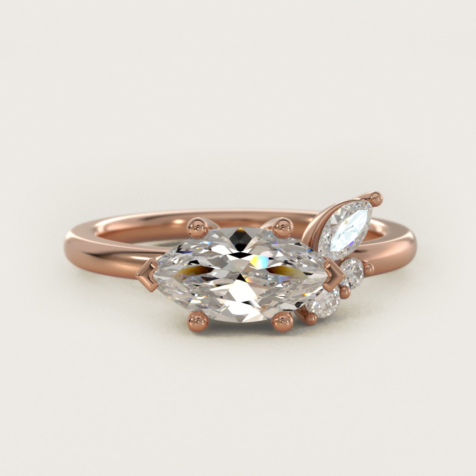 Asymmetrical Marquise and Round Cluster Diamond Engagement Ring in 14k Rose Gold - Marquise Center