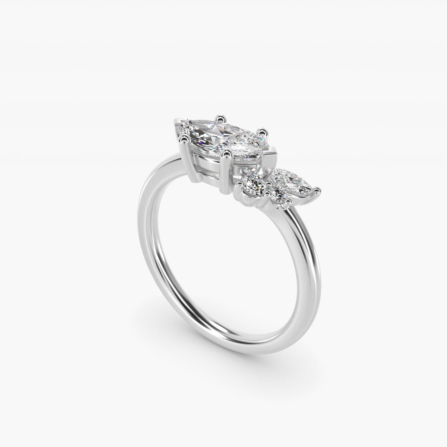 Asymmetrical Marquise and Round Cluster Diamond Engagement Ring in 14k White Gold - Marquise Center