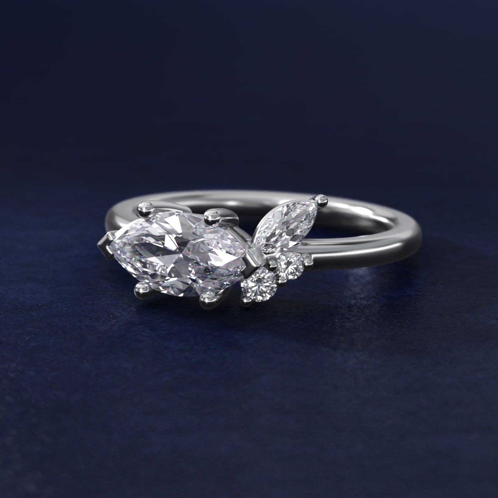 Asymmetrical Marquise and Round Cluster Diamond Engagement Ring in 18k White Gold - Marquise Center