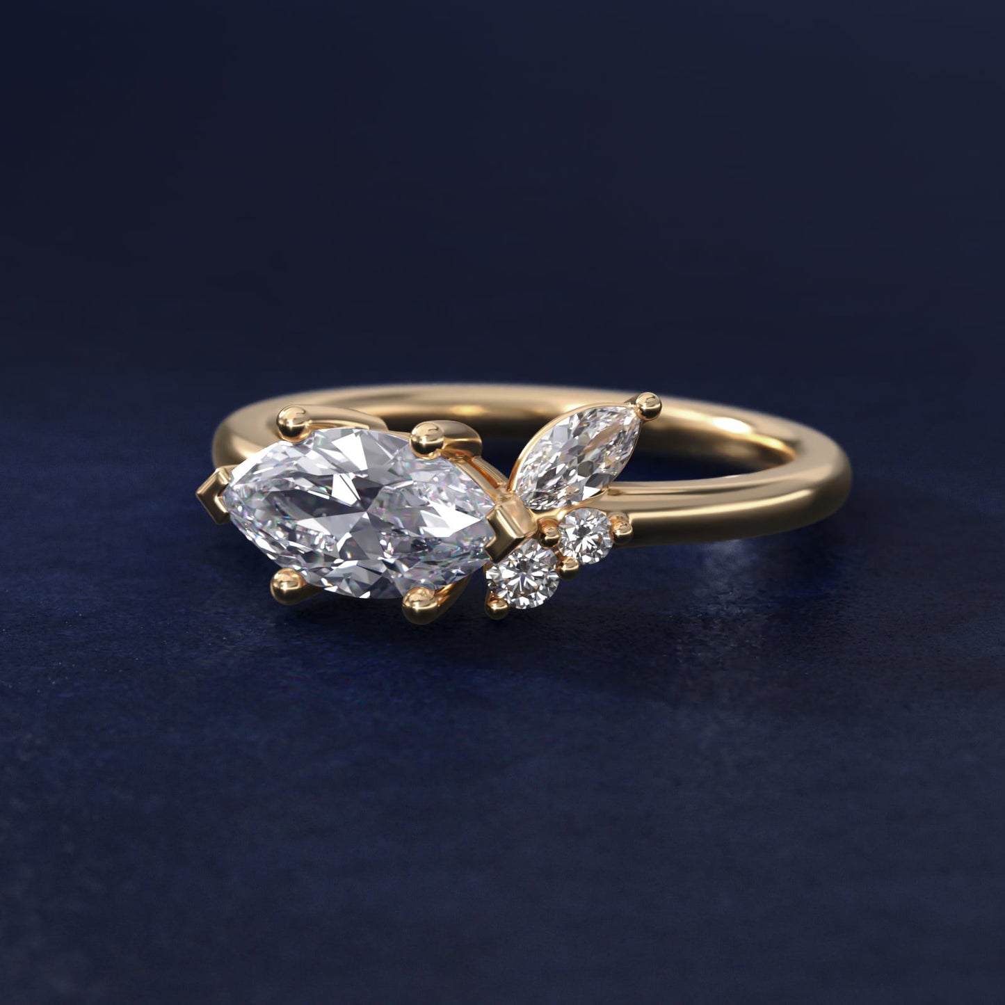 Asymmetrical Marquise and Round Cluster Diamond Engagement Ring in 14k Yellow Gold - Marquise Center