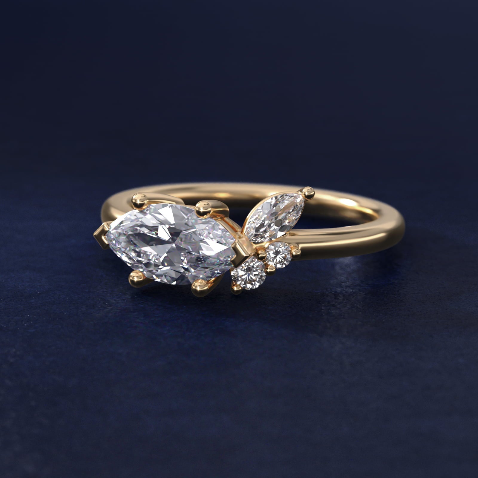 Asymmetrical Marquise and Round Cluster Diamond Engagement Ring in 18k Yellow Gold - Marquise Center