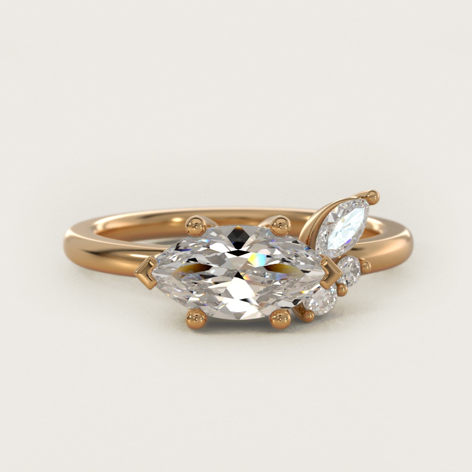 Asymmetrical Marquise and Round Cluster Diamond Engagement Ring in 18k Yellow Gold - Marquise Center
