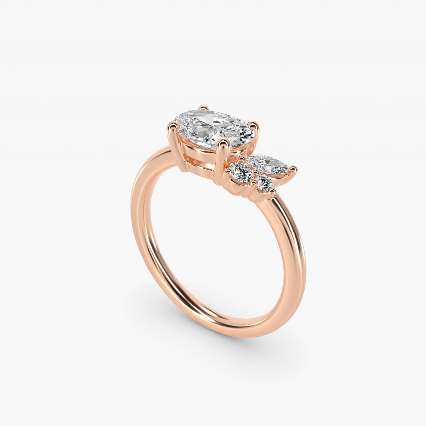 Asymmetrical Marquise and Round Cluster Diamond Engagement Ring in 14k Rose Gold - Oval Center